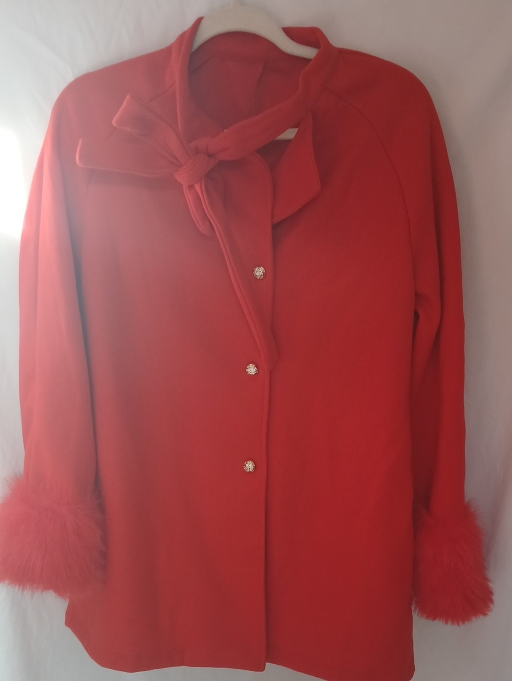 Red Tie-Neck Blouse with Faux Fur Cuffs